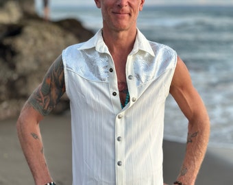 LAST ONE: MEDIUM White and silver sleeveless cowboy shirt with silver sri yantra snaps