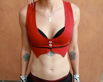 S Red Lotus Vest with HEART buttons, Gold Lotus Flower Screenprint Festival Performance Dance Yoga Crop Top