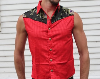 LIMITED EDITION Red + Black Sleeveless Mens Button-Up Shirt Vest with Asian Flower Print and Brass Sri Yantra Snaps Buttons