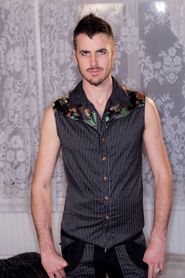 Pinstripe Sleeveless Men's Dress Shirt With Asian Print Etsy