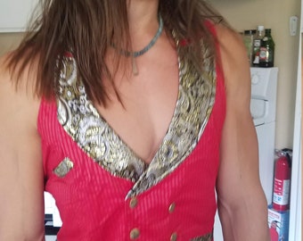 L Holiday RED double breasted pinstripe Mens vest