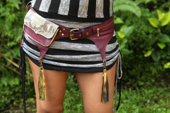 SALE: Maroon and Gold Leather Hip Belt with Snakeskin Flaps and Tassels
