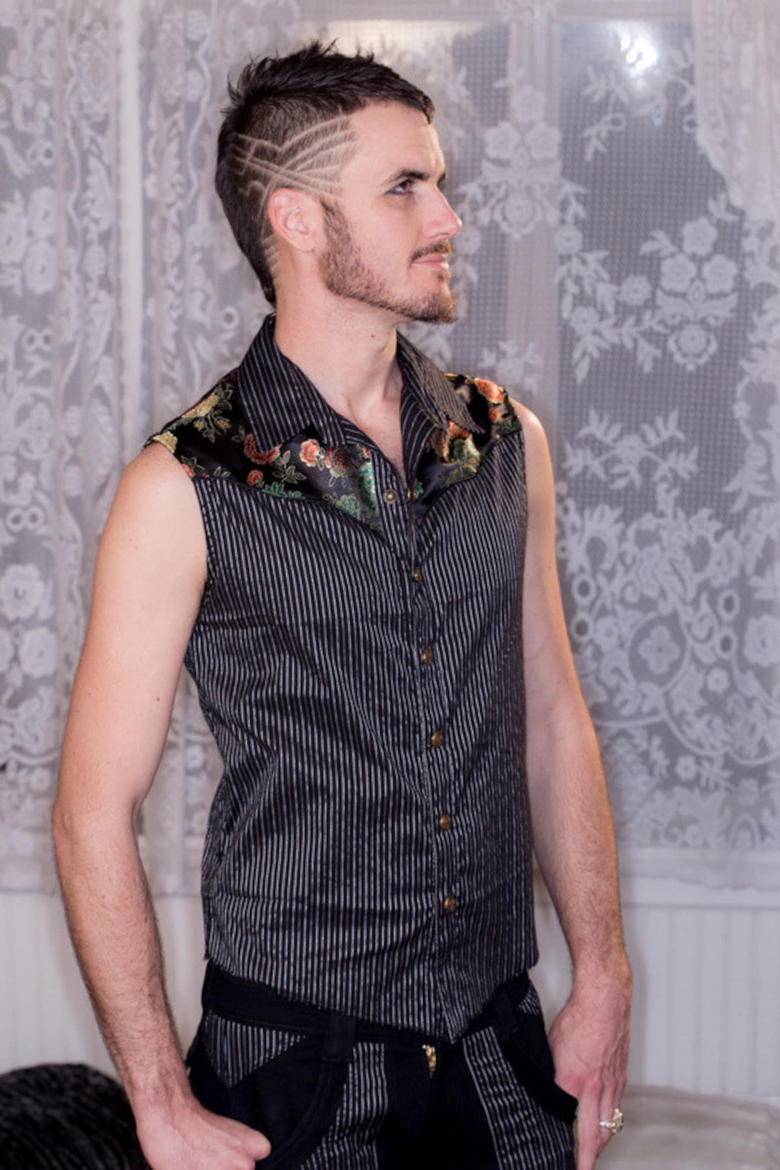 Pinstripe Sleeveless Men's Dress Shirt With Asian Print Etsy