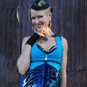 Electric Blue Lotus Vest with Gold Lotus Flower Screenprint Festival Performance Dance Yoga Crop Top
