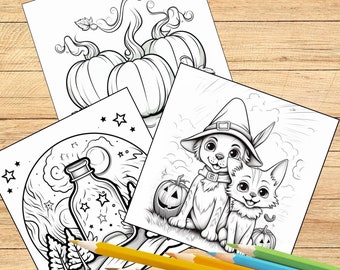 Könnte beinhalten: Schwarz-Weiß-Malvorlagen zum Thema Halloween mit Kürbissen, einem Hund und einer Katze mit Hexenhüten und einer Zaubertrankflasche. Eine Auswahl an Buntstiften befindet sich im Vordergrund. Die Seiten liegen auf einer Holzoberfläche.