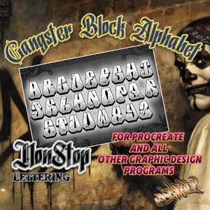 May include: A digital design featuring a "Gangster Block Alphabet" in a 3D style. The image includes the text "Non Stop Lettering" and "For Procreate and All Other Graphic Design Programs". The background is a brick wall with graffiti.