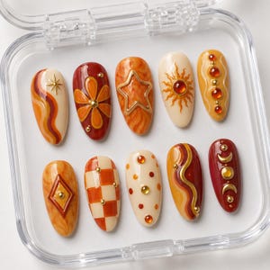 Uñas postizas Retro Sunburst / Set de fases lunares con remolinos y estampado de tablero de ajedrez estilo Y2K