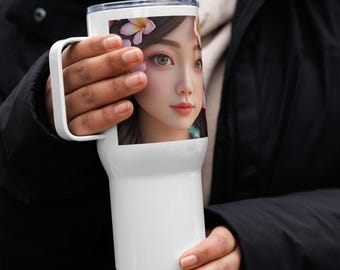 Taza de viaje con diseño de chica anime: vaso de acero inoxidable con tapa antiderrame.