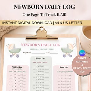 Newborn Daily Log Printable for Nanny Binder, Baby Feeding and Sleep Tracker, Editable Diaper Schedule Template in Canva