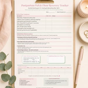 Planilha imprimível para acompanhamento do assoalho pélvico pós-parto, registro de recuperação para novas mamães, rastreador de exercícios para o assoalho pélvico, modelo do quarto trimestre no Canva