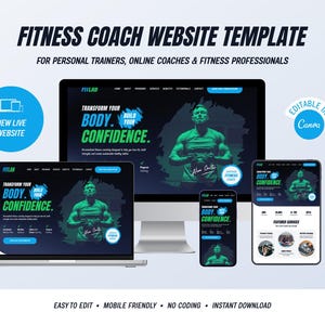 Peut inclure: Un modèle de site web pour coachs sportifs affiché sur un écran d'ordinateur, un ordinateur portable, un smartphone et une tablette. Le design présente un fond sombre avec du texte bleu et vert, incluant la phrase "TRANSFORM YOUR BODY. BUILD YOUR CONFIDENCE."