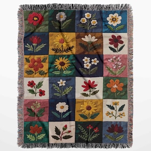 Wildflower Blanket, Quilt Patchwork Style Woven Blanket, Boho Flower Tapestry