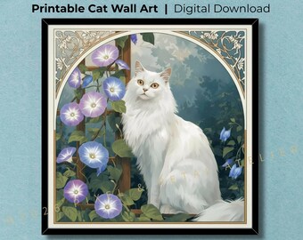 Vintage White Cat Printable Wall Art, Morning Glory Cat Illustration, Blue Botanical Flowers, Art Nouveau Japandi Decor, Zen Aesthetic