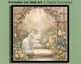 White Cat and Rabbit in Spring Garden Wall Art, Vintage Japanese Style Floral Print, Art Nouveau Animal Decor,Easter Bunny, Digital Download