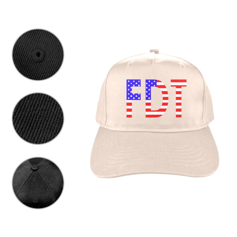 May include: A beige baseball cap with the letters "FDT" in red, white, and blue, resembling the American flag. The cap has a flat brim and a structured crown. Three close-up images of the cap's fabric are in the upper left corner.