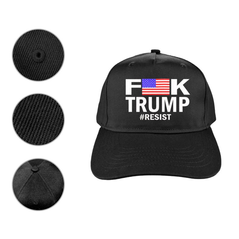 May include: Black baseball cap with the text "F*K TRUMP" in white, with an American flag graphic and the word "#RESIST" below. The cap has a curved brim and a button on top.