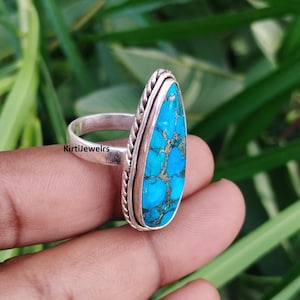 Heavy Band Gift Ring, Long Pear Blue Copper Turquoise Gemstone Ring, Bohemian 925 Sterling Silver Jewellery, Handmade Jewelry, Women Jewelry