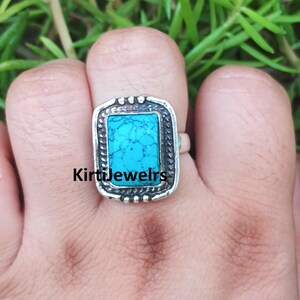 Rectangle Blue Copper Turquoise Gemstone Ring, 925 Sterling Silver Jewellery, Handmade Jewelry Worry Ring, Popular Ring, Statement Band Ring