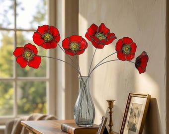 Ramo de amapolas de California de vitral hecho a mano, juego de 6, atrapasoles de flores eternas, decoración única para el hogar, regalo para ella, arte para el jardín.