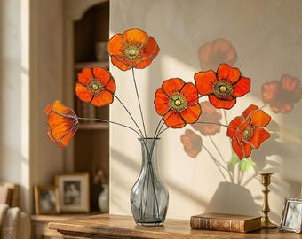 Atrapasueños de amapolas de California en vitral, juego de 6 ramos de flores, tallos de amapolas de vidrio hechos a mano, regalo único para el Día de la Madre, decoración naranja para el hogar