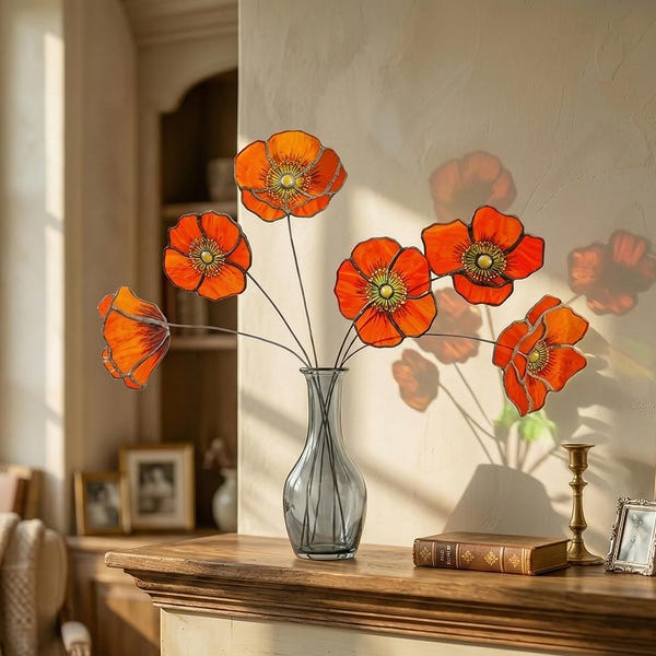 Stained Glass California Poppy Suncatcher, Set of 6 Flower Bouquet, Handmade Glass Poppy Stems, Unique Mother's Day Gift, Orange Home Decor