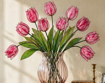 Atrapasueños de tulipanes de vitral personalizado, ramo de flores para colgar en la ventana, regalo de flores de vidrio hecho a mano para mamá, decoración del Día de la Madre, regalo de aniversario