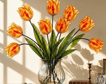 Atrapasueños de tulipanes de vitral hechos a mano, regalo de inauguración de casa, flor de vidrio de colores personalizados, decoración del Día de la Madre, regalo para un nuevo hogar, cumpleaños de la abuela
