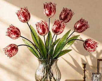 Atrapasueños de tulipanes de vidrieras personalizadas, regalo para mamá, decoración de mesa con flores de primavera, planta eterna, arte en vidrio colorido, San Valentín