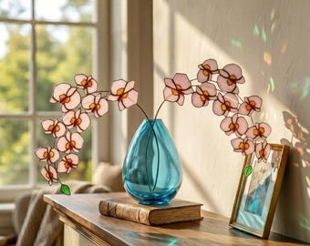 Orquídea Phalaenopsis de vitral, regalo único para amantes de las plantas, decoración floral eterna de cristal, elegante arte floral de escritorio, regalo para ella.