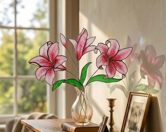 Juego de 3 flores de vitral de lirios rosas, atrapasoles hechos a mano para ventanas, decoración del hogar, regalo único para el Día de la Madre, regalo para la abuela.