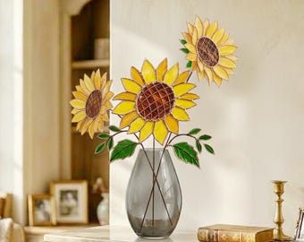 Juego de atrapasoles de vitrales de girasoles, flores de vidrio eternas, regalo del Día de la Madre para mamá, arte colgante de ventana de verano, decoración floral amarilla