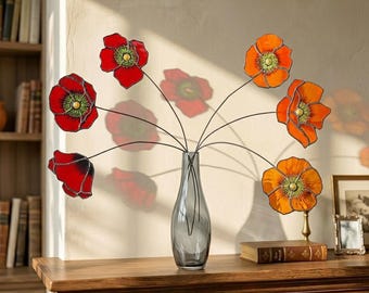 Juego de 6 ramos de amapolas de California en vitral, centro de mesa floral, decoración de primavera para el hogar, atrapasoles, regalo de inauguración de casa para ella.
