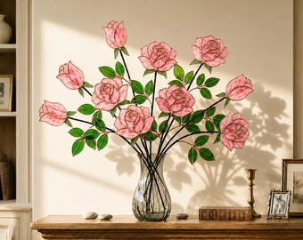 Tallo de rosa roja de vitral hecho a mano, atrapasol de rosa artesanal, regalo de flor de vidrio para ella, regalo romántico de aniversario, decoración del hogar