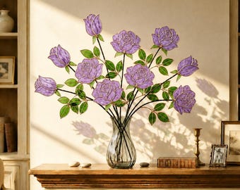 Rosa de vitral hecha a mano, regalo de aniversario para esposa, ramo de flores eternas, rosa de cristal de tallo largo, rosa eterna para novia, estilo art déco.