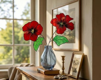 Flores de hibisco hawaianas estilo vitral, juego de 2 adornos tropicales para ventana, atrapasoles florales de 43 cm, regalo único para ella.