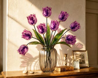 Atrapasueños de tulipanes de vitral personalizado, Día de la Madre, Regalo de inauguración de casa, Decoración floral de vidrio, Planta eterna, Regalo artístico