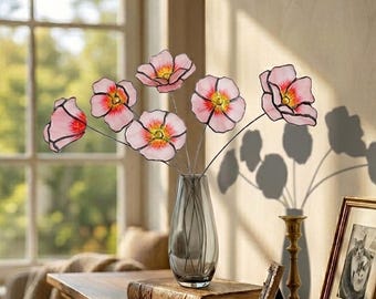 Atrapasueños de amapolas de California en vitral, juego de 6 ramos de flores, regalo único para inauguración de casa, decoración para hogar nuevo, arte floral en vidrio hecho a mano.