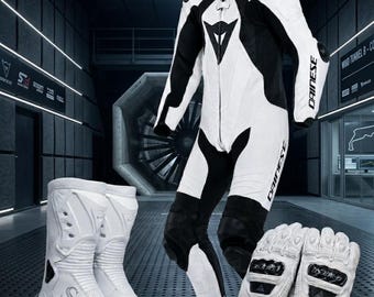 Dainese Racing Suits Mens Biker Leather Suits DAINESE White Suits Gloves and Boots set