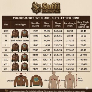May include: Size chart for Suffi Aviator Jackets, featuring measurements in inches and centimeters. Includes shoulder, chest, sleeve, and back length dimensions, along with approximate body weight ranges. The chart displays sizes from XXS to 6XL.