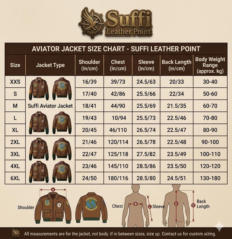 May include: Size chart for Suffi Aviator Jackets, featuring measurements in inches and centimeters. Includes shoulder, chest, sleeve, and back length dimensions, along with approximate body weight ranges. The chart displays sizes from XXS to 6XL.