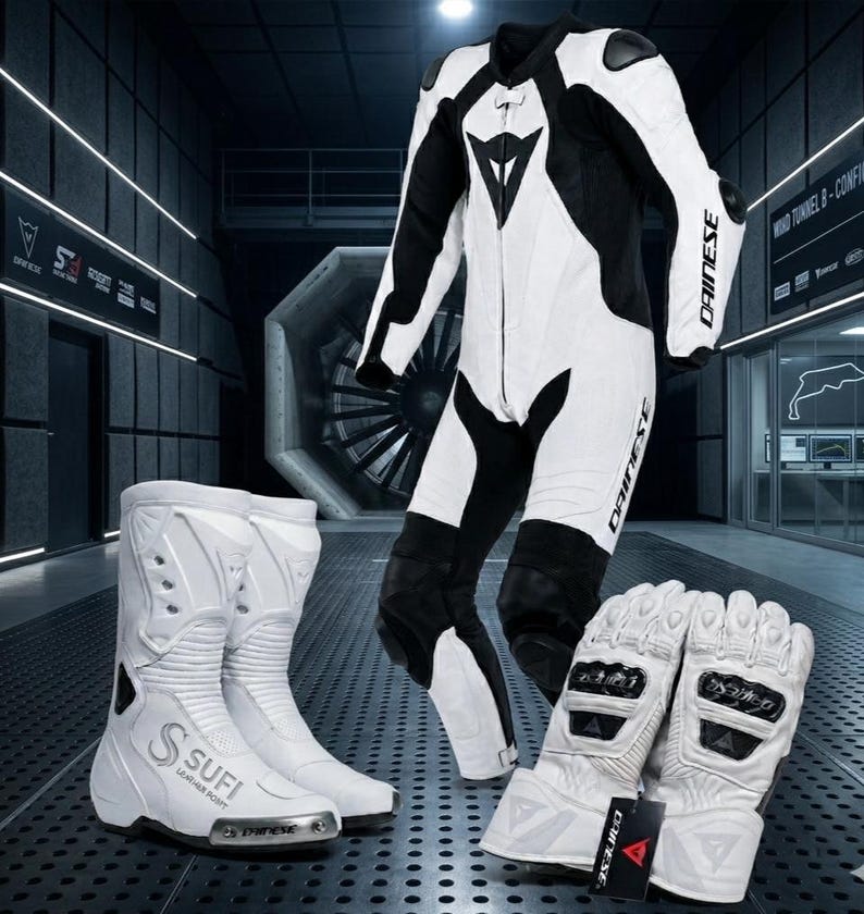 K&ouml;nnte beinhalten: Ein wei&szlig;-schwarzes Motorrad-Rennanzug-Set mit Stiefeln und Handschuhen. Der Anzug hat ein Dainese-Logo und ein stromlinienf&ouml;rmiges Design. Die wei&szlig;en Stiefel tragen das Logo "SUFI LEATHER POINT". Die Handschuhe sind wei&szlig; mit schwarzen Akzenten.
