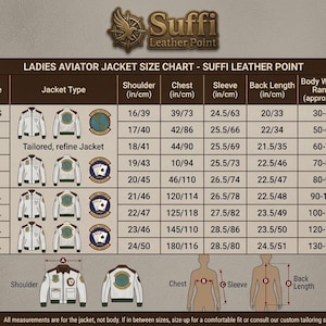 Puede incluir: Tabla de tallas de chaquetas de aviador para mujer de Suffi Leather Point. Incluye medidas de hombro, pecho, manga y largo de espalda en pulgadas/cm, y rangos de peso corporal en kilogramos.