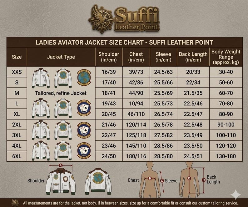 Puede incluir: Tabla de tallas de chaquetas de aviador para mujer de Suffi Leather Point. Incluye medidas de hombro, pecho, manga y largo de espalda en pulgadas/cm, y rangos de peso corporal en kilogramos.