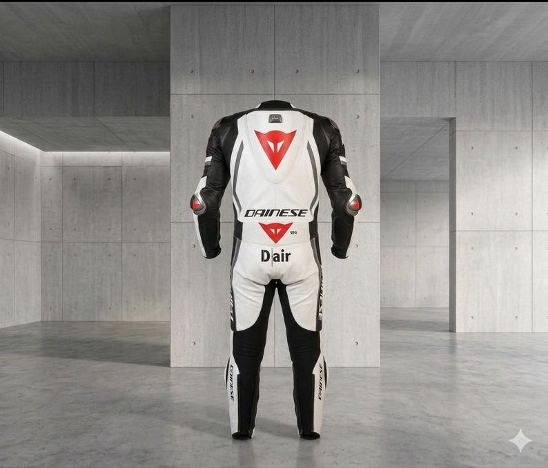 Puede incluir: Traje de carreras de motociclismo blanco y negro con detalles en rojo. El traje presenta el logotipo "DAINESE" y la palabra "Dair". Tiene protecciones en hombros y codos. El traje est&aacute; dise&ntilde;ado para la velocidad y la seguridad.