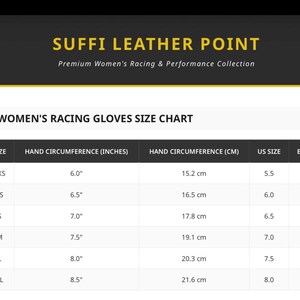 K&ouml;nnte beinhalten: Gr&ouml;&szlig;entabelle f&uuml;r Damen-Rennsporthandschuhe mit Ma&szlig;en in Zoll und Zentimetern. Die Tabelle umfasst die Gr&ouml;&szlig;en XXS bis XL, mit Handumfangmessungen von 6,0" bis 8,5" (15,2 cm bis 21,6 cm) sowie US- und EU-Gr&ouml;&szlig;en.