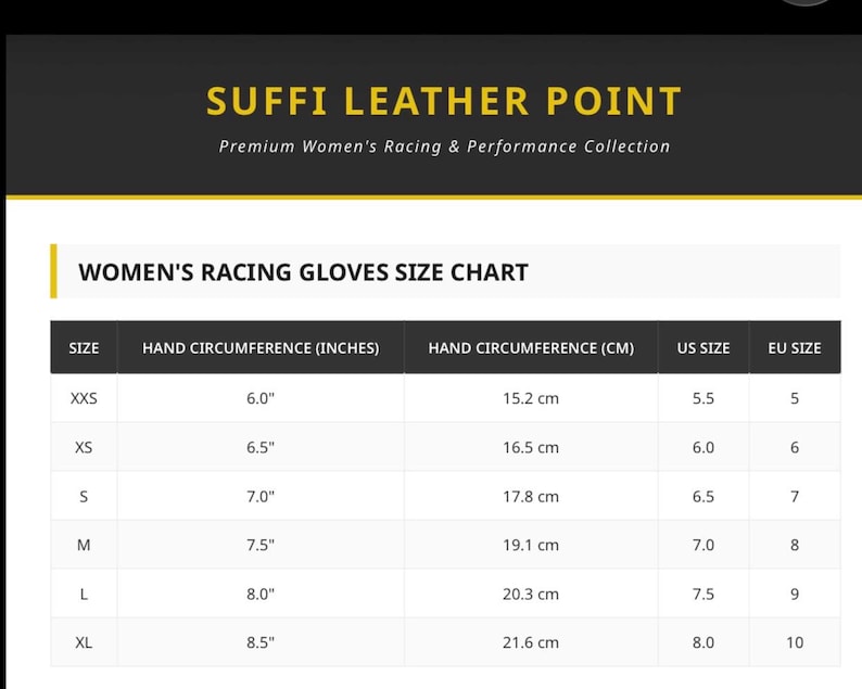 K&ouml;nnte beinhalten: Gr&ouml;&szlig;entabelle f&uuml;r Damen-Rennsporthandschuhe mit Ma&szlig;en in Zoll und Zentimetern. Die Tabelle umfasst die Gr&ouml;&szlig;en XXS bis XL, mit Handumfangmessungen von 6,0" bis 8,5" (15,2 cm bis 21,6 cm) sowie US- und EU-Gr&ouml;&szlig;en.
