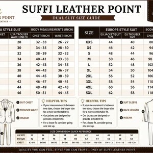 K&ouml;nnte beinhalten: Eine duale Anzuggr&ouml;&szlig;entabelle von Suffi Leather Point mit Ma&szlig;en f&uuml;r Anz&uuml;ge im USA- und Europa-Stil. Enth&auml;lt Brust- und Taillenma&szlig;e in Zoll und Zentimetern mit Gr&ouml;&szlig;enumrechnungen. Der Leitfaden enth&auml;lt auch Tipps zum Messen und zur Auswahl der richtigen Gr&ouml;&szlig;e.