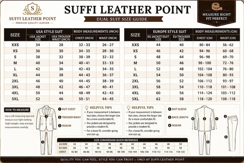 K&ouml;nnte beinhalten: Eine duale Anzuggr&ouml;&szlig;entabelle von Suffi Leather Point mit Ma&szlig;en f&uuml;r Anz&uuml;ge im USA- und Europa-Stil. Enth&auml;lt Brust- und Taillenma&szlig;e in Zoll und Zentimetern mit Gr&ouml;&szlig;enumrechnungen. Der Leitfaden enth&auml;lt auch Tipps zum Messen und zur Auswahl der richtigen Gr&ouml;&szlig;e.