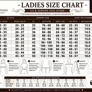 Puede incluir: Tabla de tallas para mujer con gu&iacute;as de tallas de EE. UU. y Europa. La tabla incluye medidas de busto, cintura, cadera, hombro y manga en cent&iacute;metros y pulgadas. Tambi&eacute;n proporciona conversi&oacute;n de tallas y consejos &uacute;tiles.