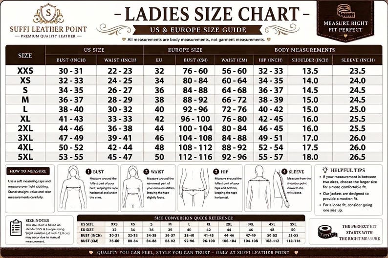 Puede incluir: Tabla de tallas para mujer con gu&iacute;as de tallas de EE. UU. y Europa. La tabla incluye medidas de busto, cintura, cadera, hombro y manga en cent&iacute;metros y pulgadas. Tambi&eacute;n proporciona conversi&oacute;n de tallas y consejos &uacute;tiles.